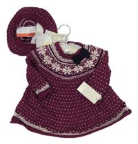 Nové - 2set - fuchsinové vzorované svetrové šaty + pletený baret s bambulí 