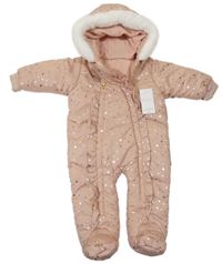 Nové - starorůžová šusťáková zimní kombinéza se zlatými hvězdičkami a kapucí Matalan
