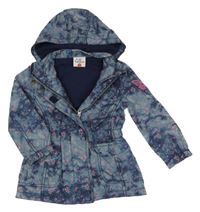 Tmavomodrá batikovaná šusťáková podzimní parka s kytičkami a kapucí Topolino 