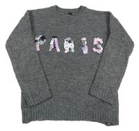Tmavošedý melírovaný svetr s nápisem z flitrů/korálků PRIMARK