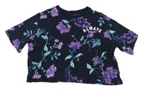 Tmavomodré oversize crop květované tričko H&M