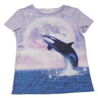 Lila tričko s kosatkou a nápisem H&M