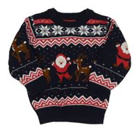 Tmavomodrý vzorovaný vánoční svetr se Santy a soby a vločkami PRIMARK