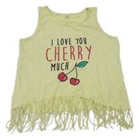 Žlutozelený crop top s nápisy a třásněmi 