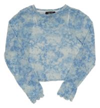 Světlemodro-bílé batikované tylové crop triko s všitým topem New Look