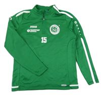 Zeleno-bílá sportovní funkční mikina s nápisy a číslem JAKO 