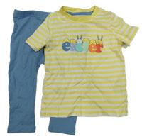 Nové - 2Set - Žluto-bílé pruhované tričko s nápisem a kuřátky a zajíčky + modré legíny F&F