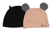 2x - Čepice - Černá s oušky H&M, broskvová s nápisem - Minnie Disney