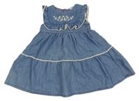 Světlemodro-bílé riflové šaty s volánky a květy H&M