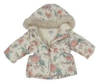 Bílo-zeleno-růžová květovaná šusťáková zimní parka s kapucí F&F