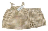 Nové - 2set - Béžovo-bílý kostkovaný halenkový krepový top + kraťasy