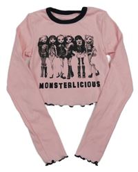 Růžovo-černé crop triko s dívkami - Monster high Bershka