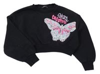 Černá oversize crop mikina s motýlkem s flitry a nápisy PRIMARK