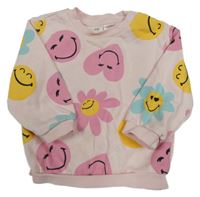 Světlerůžová mikina s květy a srdíčky se smajlíky H&M