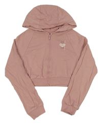Světlerůžová propínací crop mikina s nápisy a kapucí 