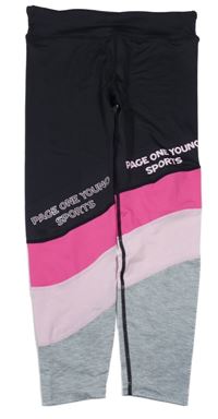 Černo-růžovo-šedé pruhované sportovní capri legíny s nápisy 