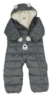 Šedá šusťáková prošívaná zimní kombinéza s medvědem a kapucí Lily & Dan