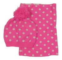 2set - Neonově růžovo-bílá puntíkatá čepice s bambulí + nákrčník 
