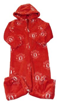 Červená plyšová fotbalová kombinéza Manchester United a kapucí 