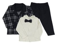 4 set - tmavomodré teplákové kalhoty + bílé propínací triko + motýlek + tmavomodré kostkované sako 
