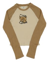 Béžovo-hnědé žebrované crop triko s medvědem H&M