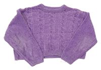Fialový žinylový copánkový crop oversize svetr 