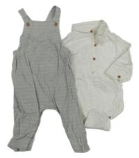 2set - Šedo-bílé pruhované plátěné laclové kalhoty + bílé košilové body Next