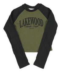 Khaki-tmavošedé žebrované crop triko s nápisem H&M