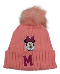 Růžová žebrovaná pletená čepice s Minnie a bambulí C&A