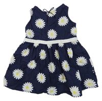 Tmavomodro-bílé květované plátěné šaty s mašlí H&M
