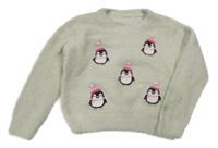 Šedý chlupatý oversize svetr s tučňáky Primark