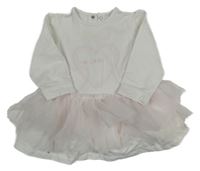 Bílé teplákové šaty se srdíčky a světlerůžovými tylovými volánky PASTELS&CO