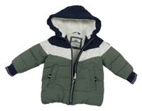 Khaki-tmavomodro-bílá šusťáková zimní bunda s kapucí C&A