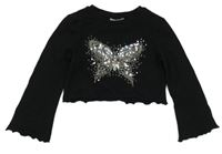 Černé crop triko s motýlkem z flitrů Matalan