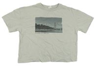 Světlešedé crop tričko s ruským kolem a palmami Zara