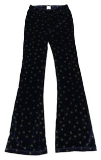 Tmavomodré sametové bootcut tepláky s hvězdami 