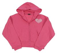 Tmavorůžová propínací oversize crop mikina s nápisem a kapucí PRIMARK