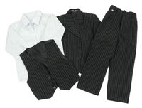 4set - Bílá košile + černá pruhovaná vesta + černé pruhované sako + kalhoty 