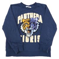 Tmavomodrá mikina se lvem z flitrů a nápisem H&M