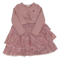Starorůžové žebrované úpletovo/tylové šaty s hvězdičkami a puntíky a překřížením PRIMARK