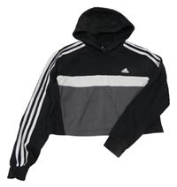 Černo-šedá crop mikina s logem a pruhy a kapucí Adidas