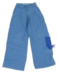 Modré wide leg rifle s háčkovanáním