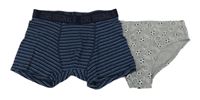 2Set - Tmavomodro/modro/světlemodré pruhované trenýrky s nápisy C&A + šedé melírované slipy s míči 