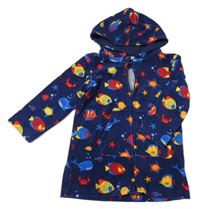 Tmavomodrý froté propínací župan s rybičkami a želvičkami a kraby a kapucí Mothercare