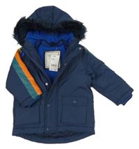 Nové - tmavomodrá šusťáková zimní bunda s pruhy a kapucí s kožešinou Mothercare