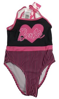 Nové - černo-tmavorůžové jednodílné plavky se srdíčkem a logem a pruhy Barbie