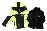 2 set - neonovo-černá šusťáková funkční podzimní bunda s kapucí + černá fleecová mikina Jack Wolfskin