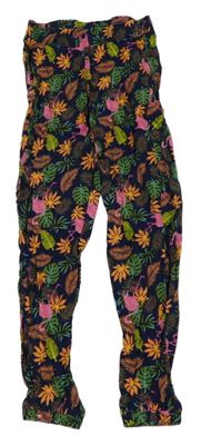 Tmavomodro-zeleno-růžové lehké cuff kalhoty s listy a plameňáky Lily & Dan