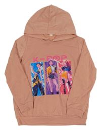 Růžová mikina s potiskem K-pop a kapucí 