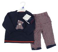 Nové - 3Set - Tmavomodrý svetr s medvídkem + ponožky + kostkované podšité kalhoty little nutmeg
